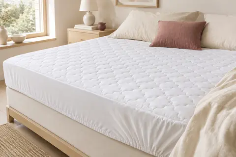 Protège-matelas blanc matelassé en polyester installé sur un lit, avec jupe enveloppant le matelas.