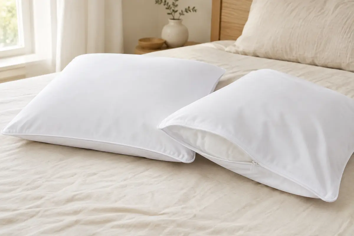 Deux protège-oreillers blancs carrés en jersey polyester, avec fermeture éclair et coutures visibles.