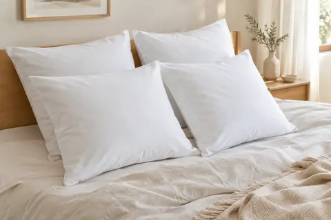 Quatre taies d’oreiller carrées blanches en microfibre disposées sur un lit aux tons clairs.