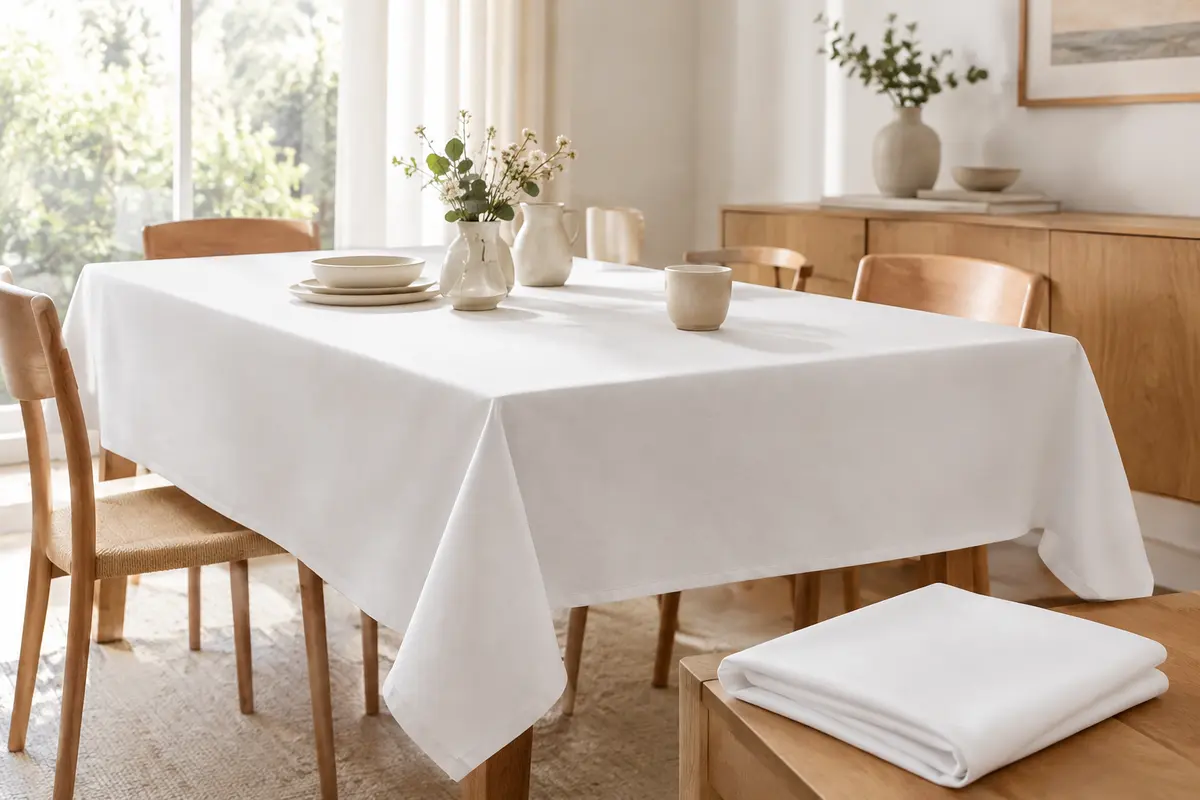 Nappe blanche rectangulaire en polyester sur une table en bois clair, avec une seconde nappe pliée à côté.