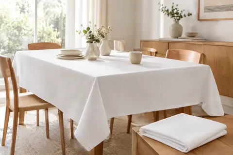 Nappe blanche rectangulaire en polyester sur une table en bois clair, avec une seconde nappe pliée à côté.