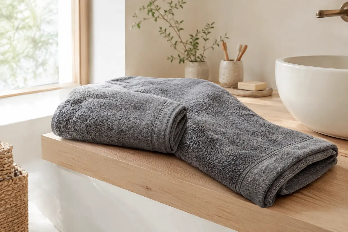 Deux draps de bain gris en coton pliés sur une tablette en bois clair dans une salle de bain lumineuse.
