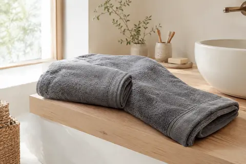 Deux draps de bain gris en coton pliés sur une tablette en bois clair dans une salle de bain lumineuse.