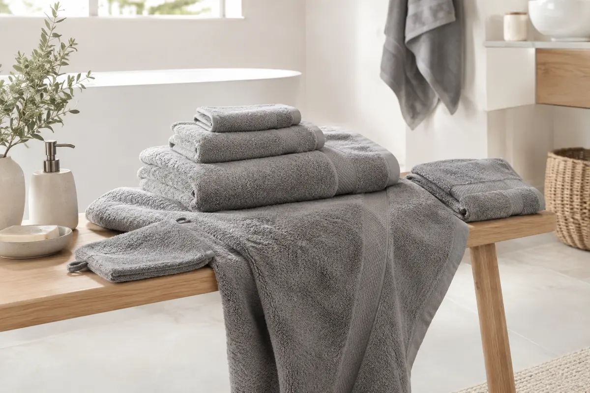 Ensemble de serviettes de bain grises en coton, pliées dans une salle de bain lumineuse