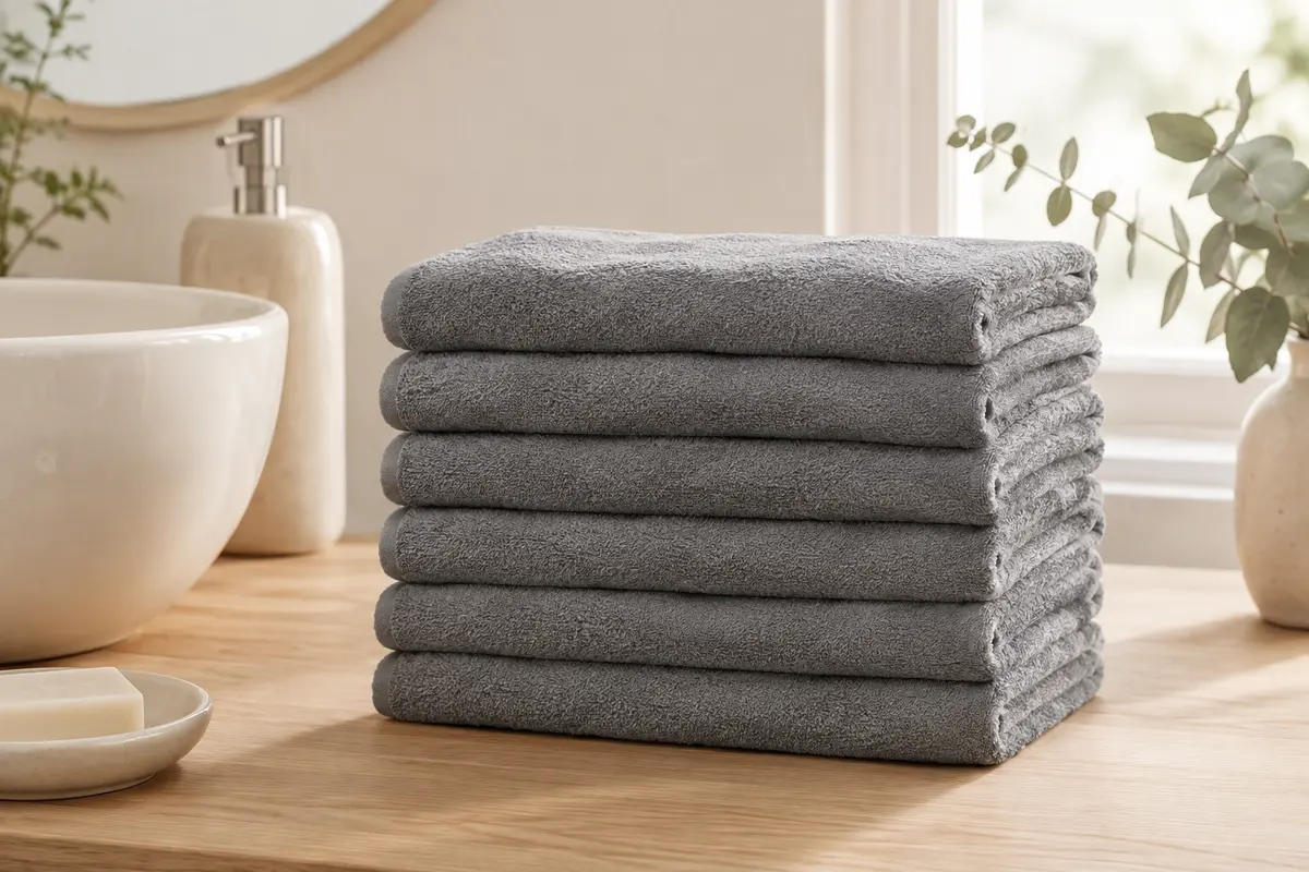 Lot d’essuie-mains gris unis en coton, pliés sur un meuble en bois clair dans une salle de bain lumineuse.