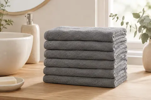 Lot d’essuie-mains gris unis en coton, pliés sur un meuble en bois clair dans une salle de bain lumineuse.