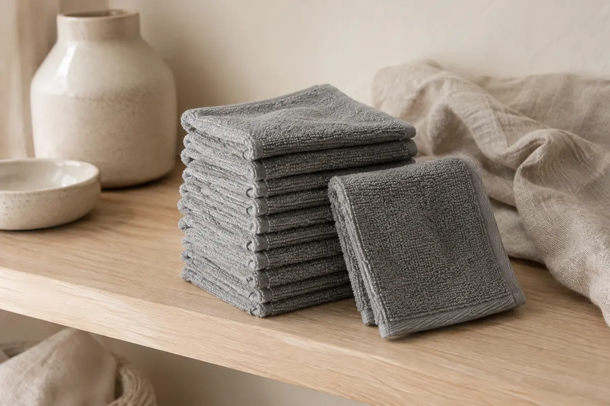 Lot de gants de toilette carrés en coton gris pliés sur une étagère en bois clair dans une salle de bain