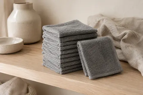 Lot de gants de toilette carrés en coton gris pliés sur une étagère en bois clair dans une salle de bain