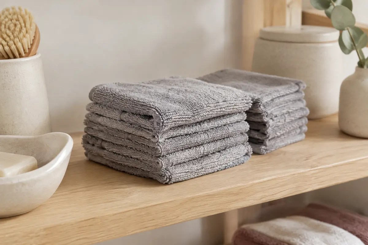 Lot de gants de toilette gris unis en coton, pliés en piles sur une étagère en bois clair