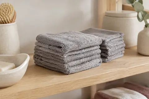 Lot de gants de toilette gris unis en coton, pliés en piles sur une étagère en bois clair