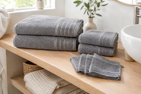 Ensemble gris froid de serviettes de bain, serviettes à main et gants de toilette rayés
