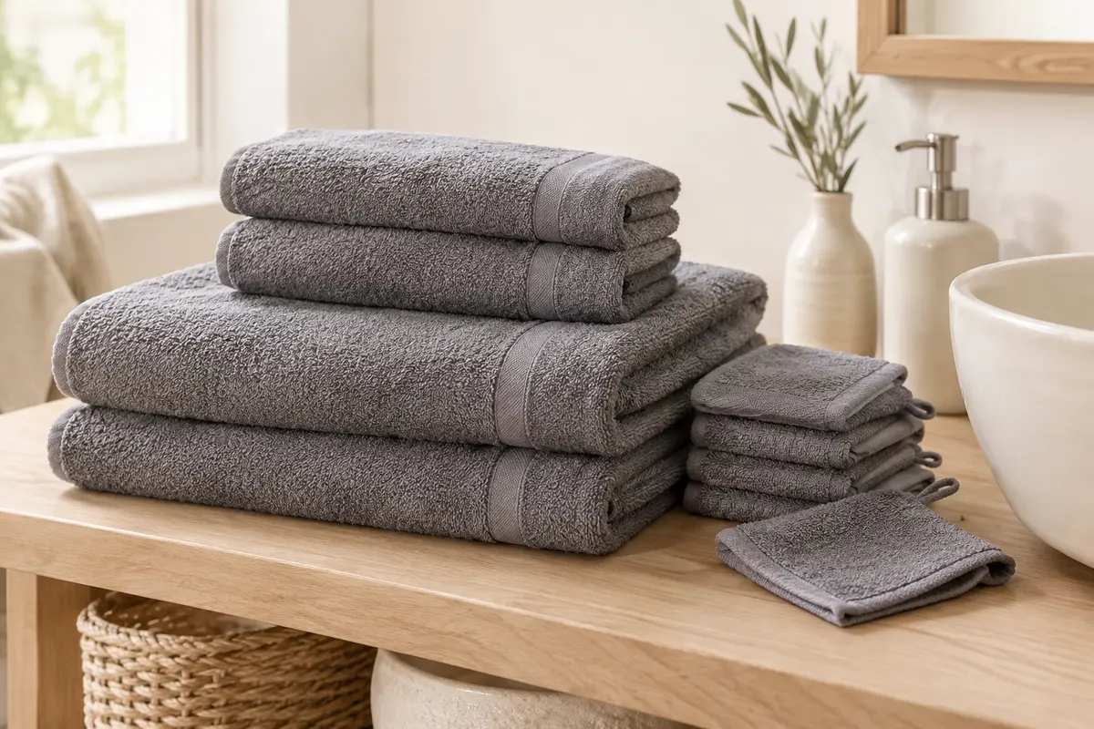 Lot gris uni de serviettes de bain, d’essuie-mains et de gants en coton pliés dans une salle de bain lumineuse.