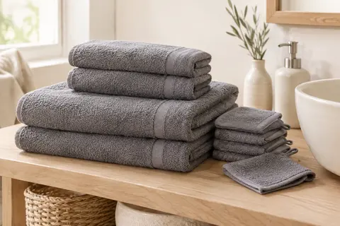 Lot gris uni de serviettes de bain, d’essuie-mains et de gants en coton pliés dans une salle de bain lumineuse.