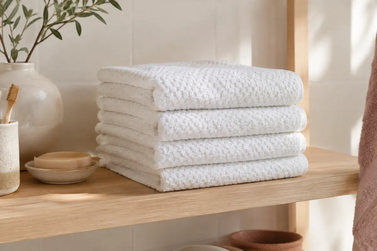 Lot de serviettes de bain blanches en coton pliées sur une étagère en bois clair dans une salle de bain lumineuse.