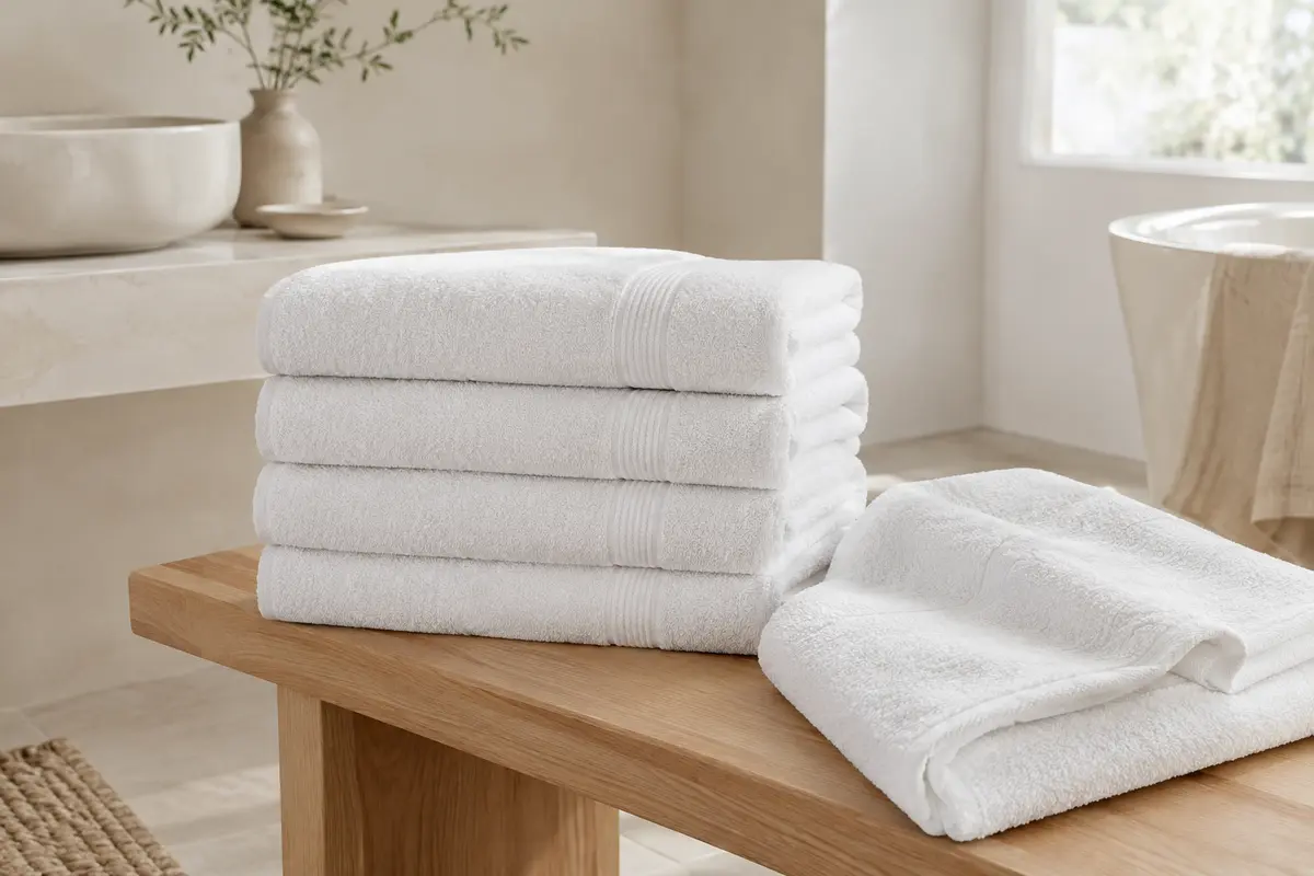Quatre serviettes de bain blanches en coton, pliées sur un banc en bois clair dans une salle de bain lumineuse.