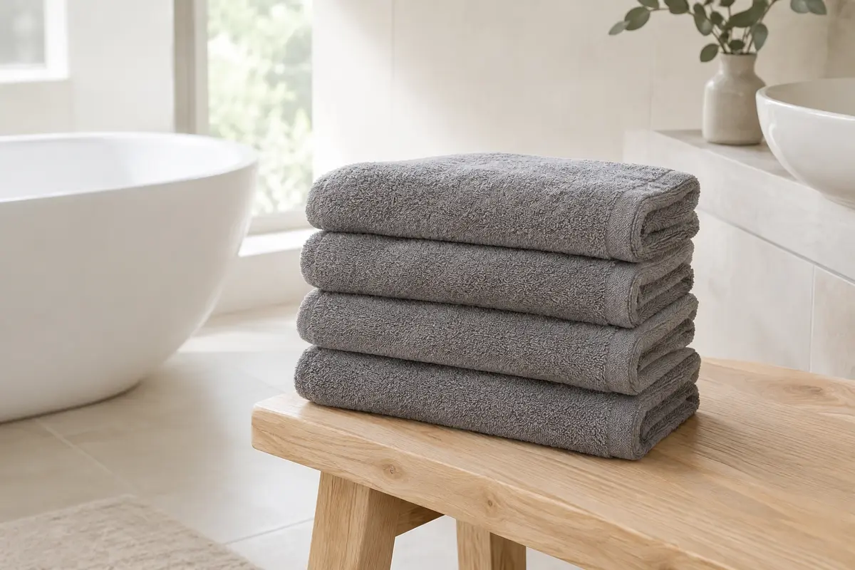 Quatre serviettes de bain grises en coton, pliées sur un banc en bois clair dans une salle de bain lumineuse.