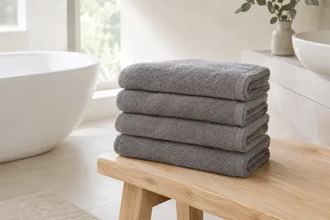 Quatre serviettes de bain grises en coton, pliées sur un banc en bois clair dans une salle de bain lumineuse.