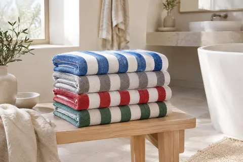 Quatre serviettes de plage en coton à rayures, bleu, gris, rouge et vert, pliées sur un banc clair.