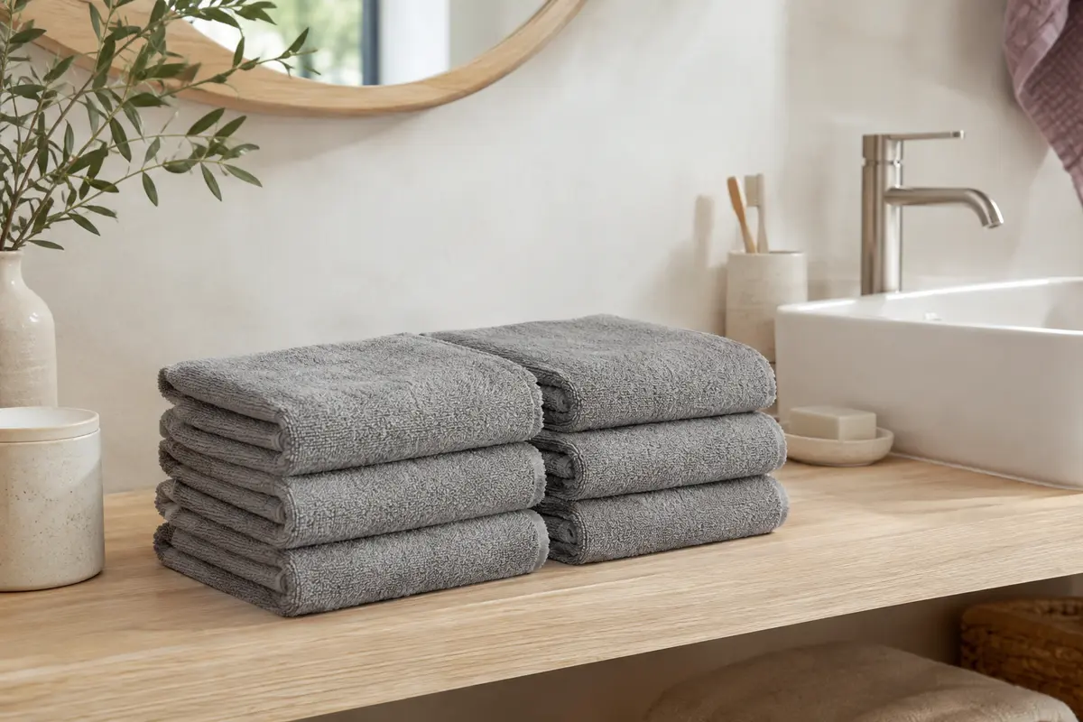 Lot de serviettes à mains grises en coton pliées dans une salle de bain lumineuse