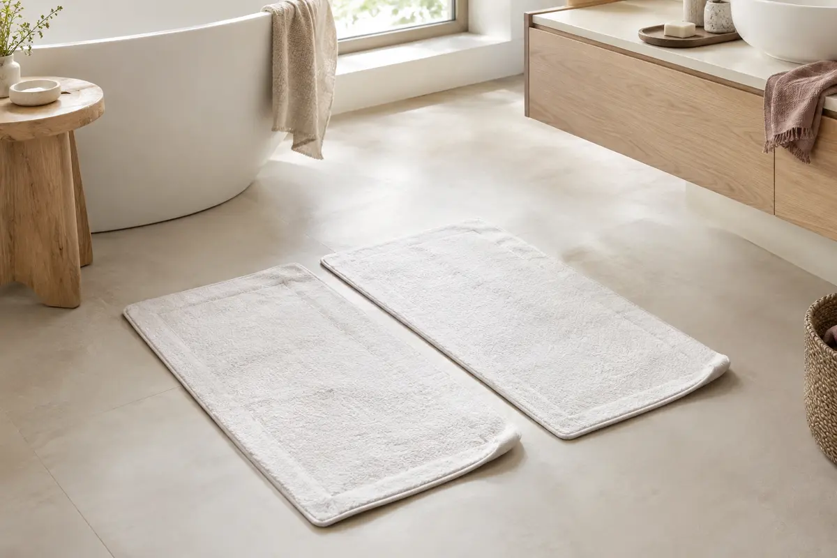 Deux tapis de bain rectangulaires blancs en coton posés sur un sol clair dans une salle de bain lumineuse.