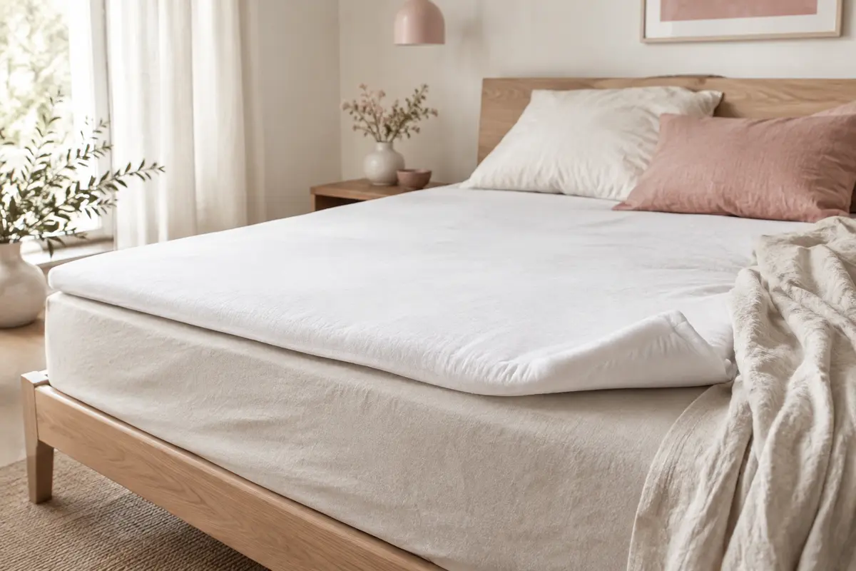 Surmatelas blanc déhoussable posé sur un lit clair dans une chambre lumineuse et épurée