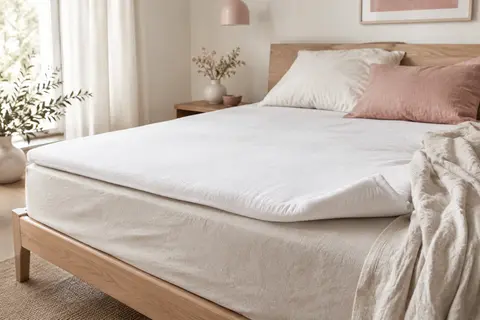 Surmatelas blanc déhoussable posé sur un lit clair dans une chambre lumineuse et épurée