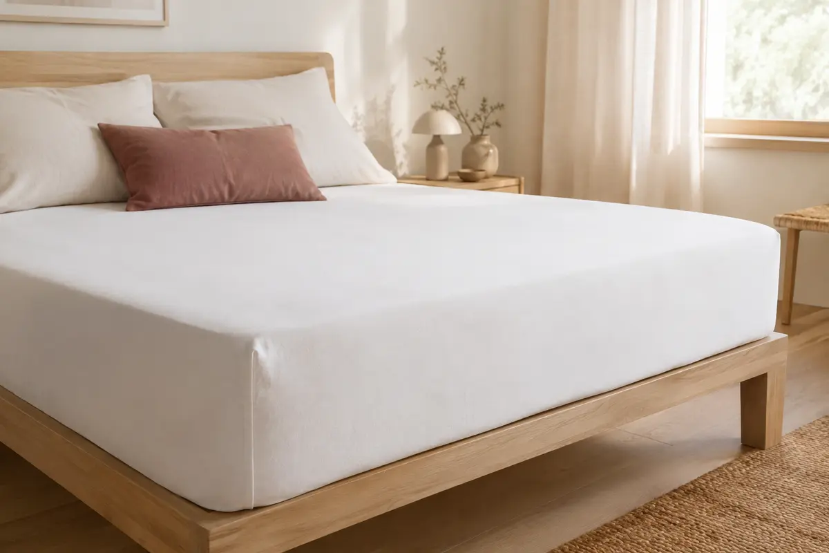 Drap-housse blanc en coton installé sur un lit double dans une chambre claire aux tons naturels.
