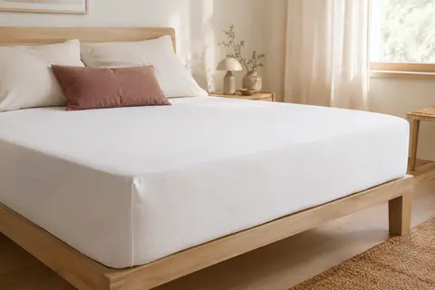 Drap-housse blanc en coton installé sur un lit double dans une chambre claire aux tons naturels.