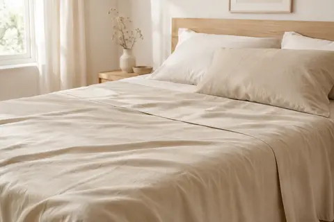 Drap plat uni en coton beige posé sur un lit clair, avec un tombé souple et des plis naturels.