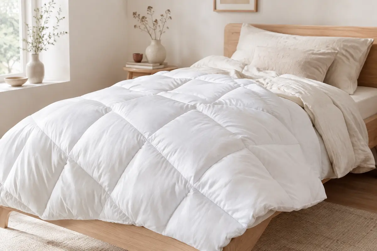Couette WAVVE blanche en microfibre avec piquage diamantée posée sur un lit une personne