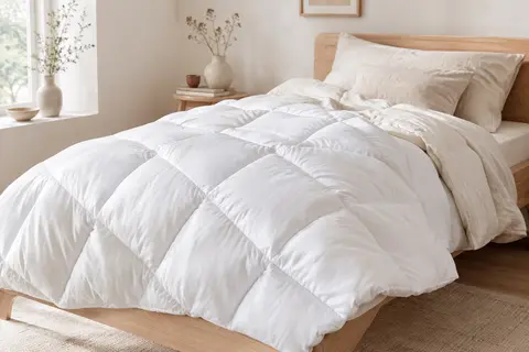 Couette WAVVE blanche en microfibre avec piquage diamantée posée sur un lit une personne