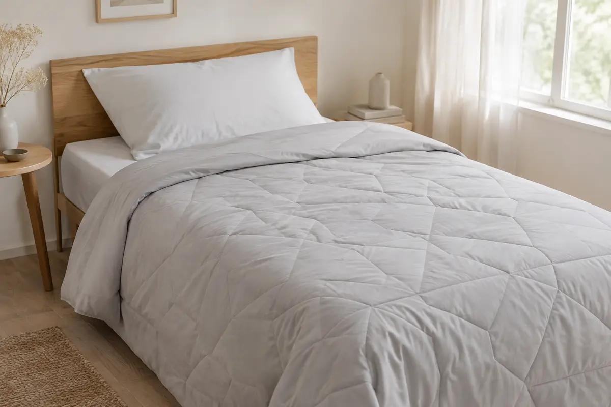 Couette individuelle légère et matelassée en microfibre, disposée sur un lit simple dans une chambre lumineuse
