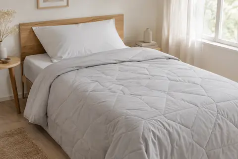 Couette individuelle légère et matelassée en microfibre, disposée sur un lit simple dans une chambre lumineuse