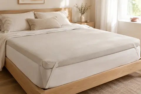 Surmatelas Wendre de 160 x 200 cm posé sur un lit dans une chambre claire et épurée.