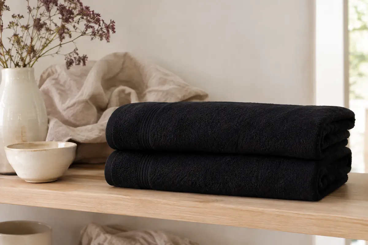 Deux grands draps de bain noirs en coton pliés sur une étagère en bois clair dans une salle de bain lumineuse.
