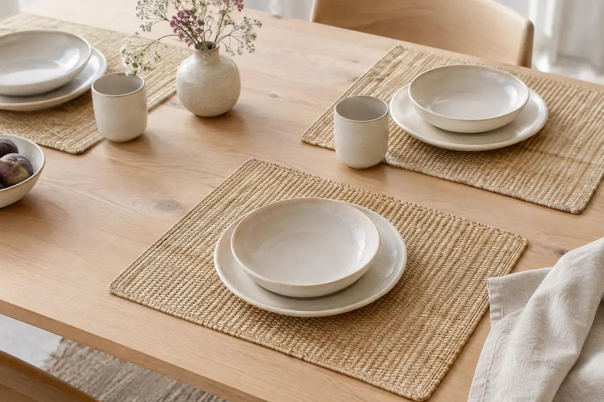 Quatre sets de table rectangulaires tressés en fibres naturelles posés sur une table en bois clair.