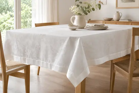 Nappe blanche rectangulaire en coton avec bord satin, présentée sur une table en bois clair.