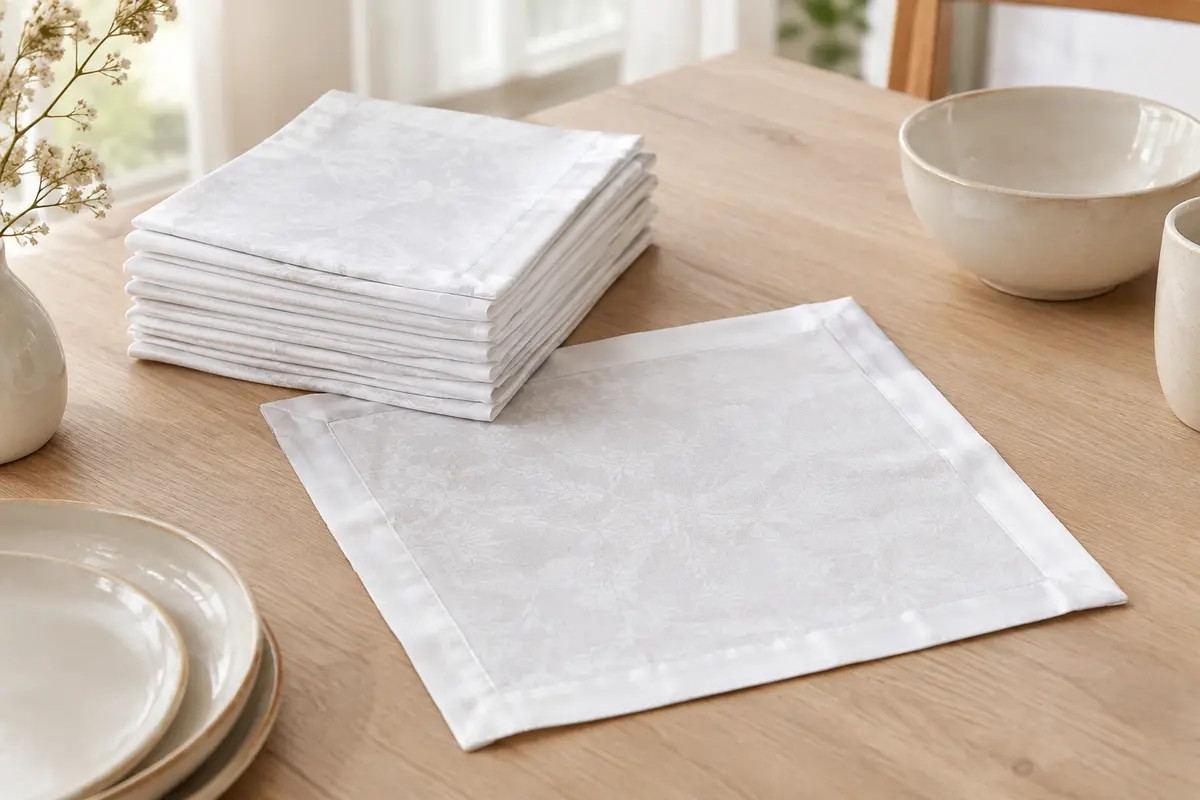 Lot de serviettes carrées en coton blanc avec tissage damassé et bord satiné, posé sur une table en bois clair.