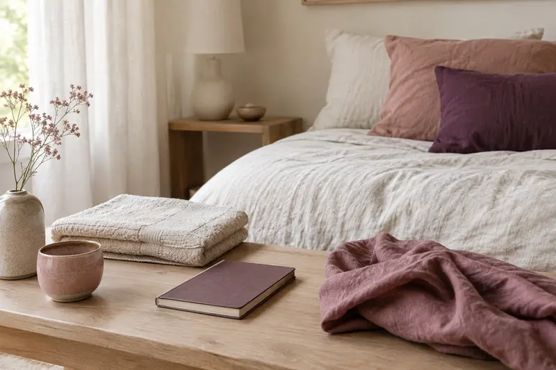 Linge de lit et serviette posés dans une chambre claire aux matières naturelles