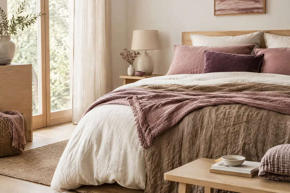 Chambre lumineuse avec linge de lit en coton et lin, bois clair et tons doux